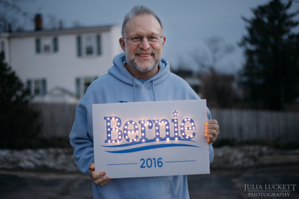 Jerry displays his lighted Bernie Sign outside the Manchester Field Offices.