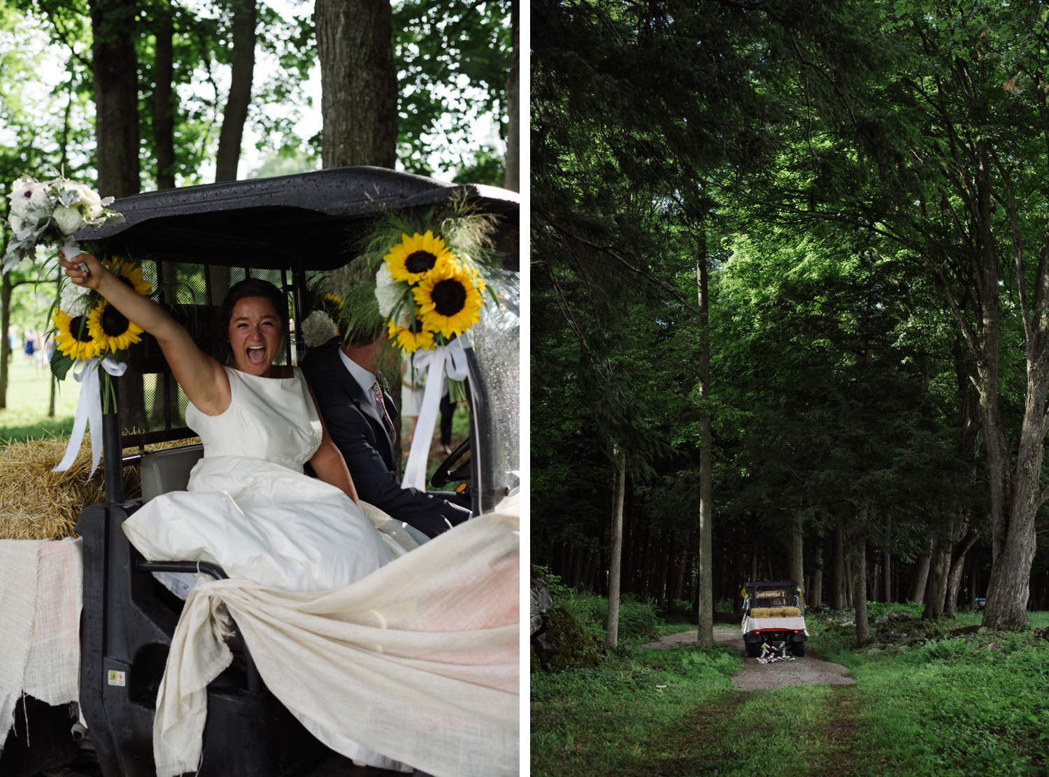 Couple going to their tented reception in a golf cart