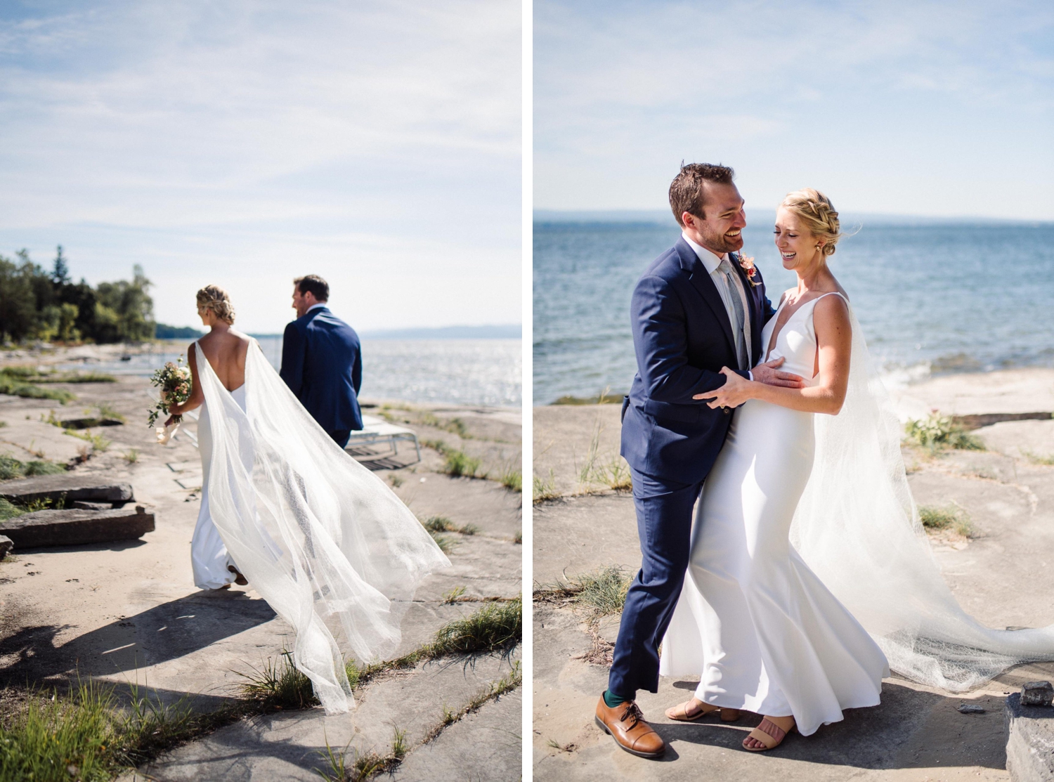 Bride and groom pictures along the shore of Lake Champlain