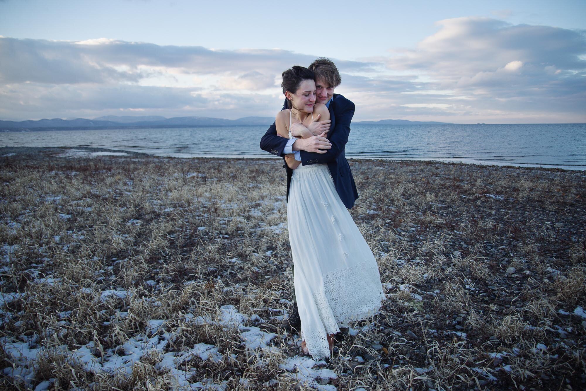 Winter Solstice elopement on Charlotte Beach in Vermont