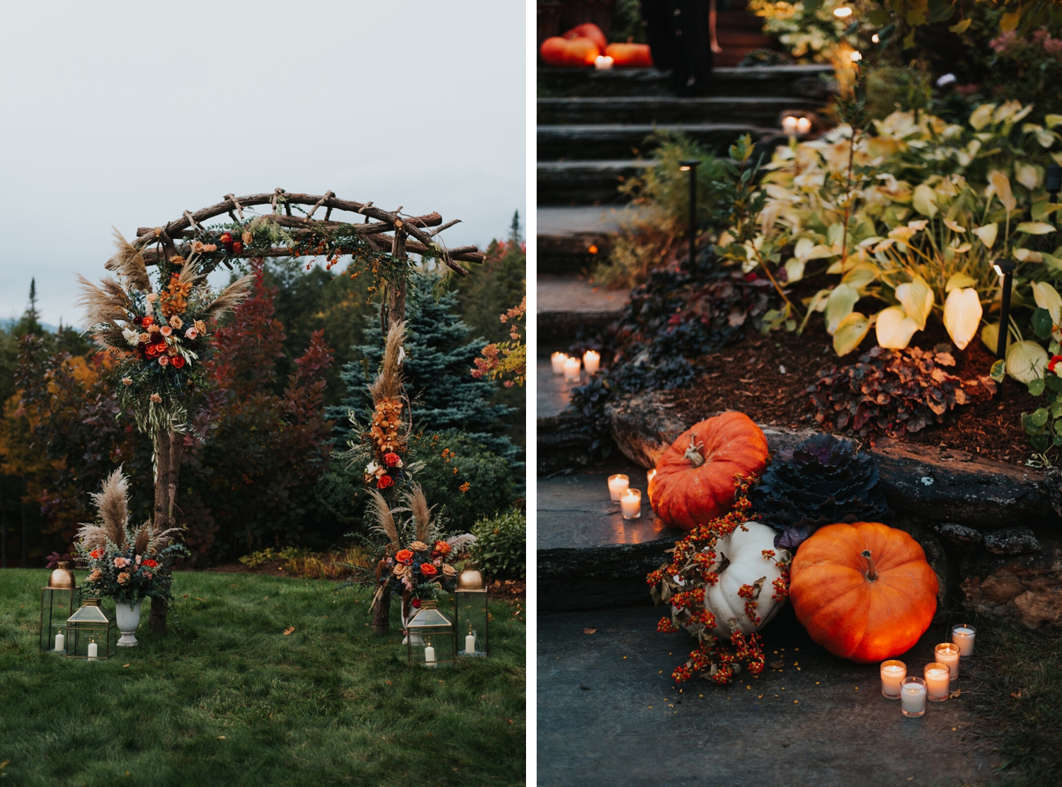 Backyard wedding ceremony with fall colors and flowers by Folklore Farm