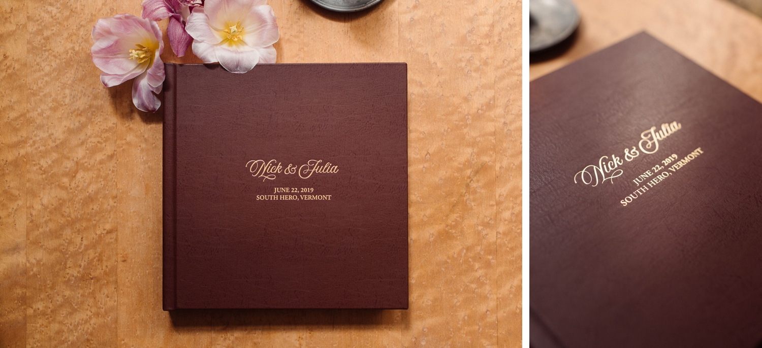 Burgundy leather and linen wedding albums