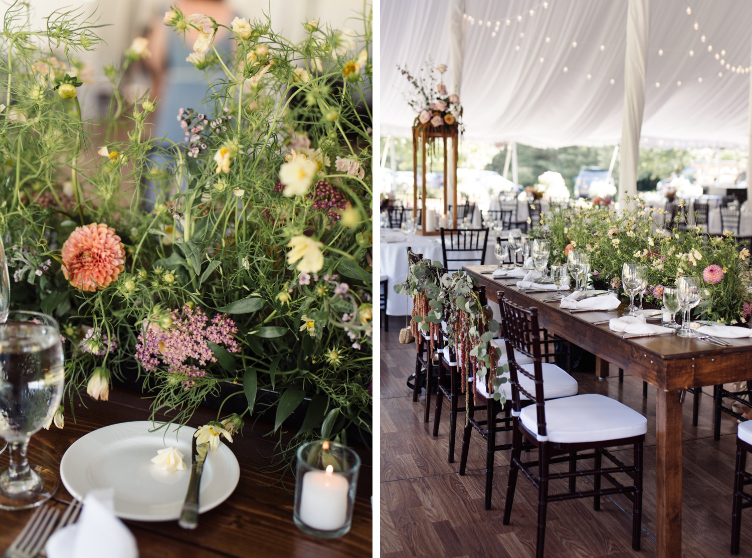 Farm tables, cafe lights, white linens, and pink, orange, and mauve florals for a summer tented wedding reception