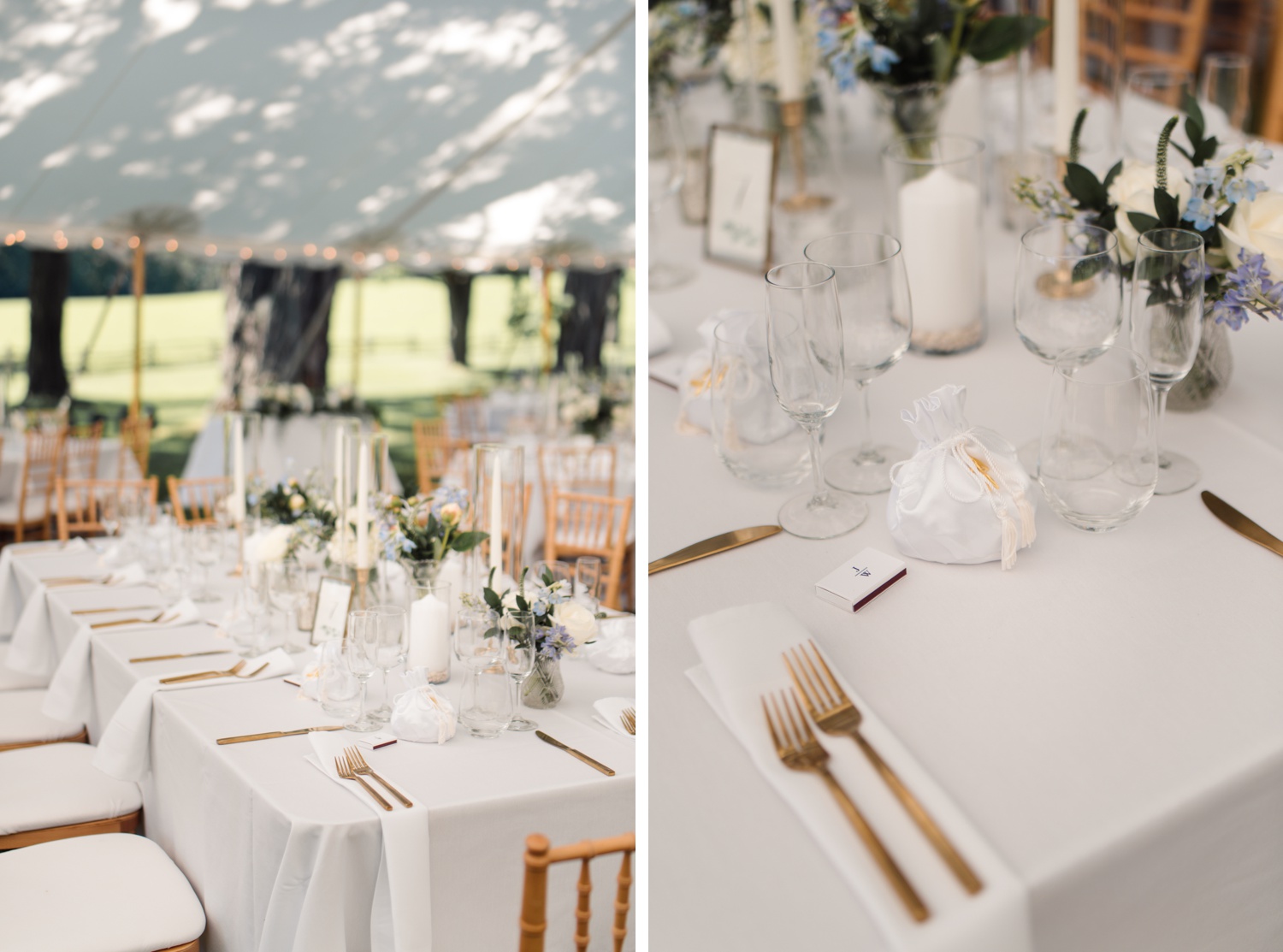 White table linens, gold cutlery, blue and white florals, and white taper candles for a summer tented wedding reception
