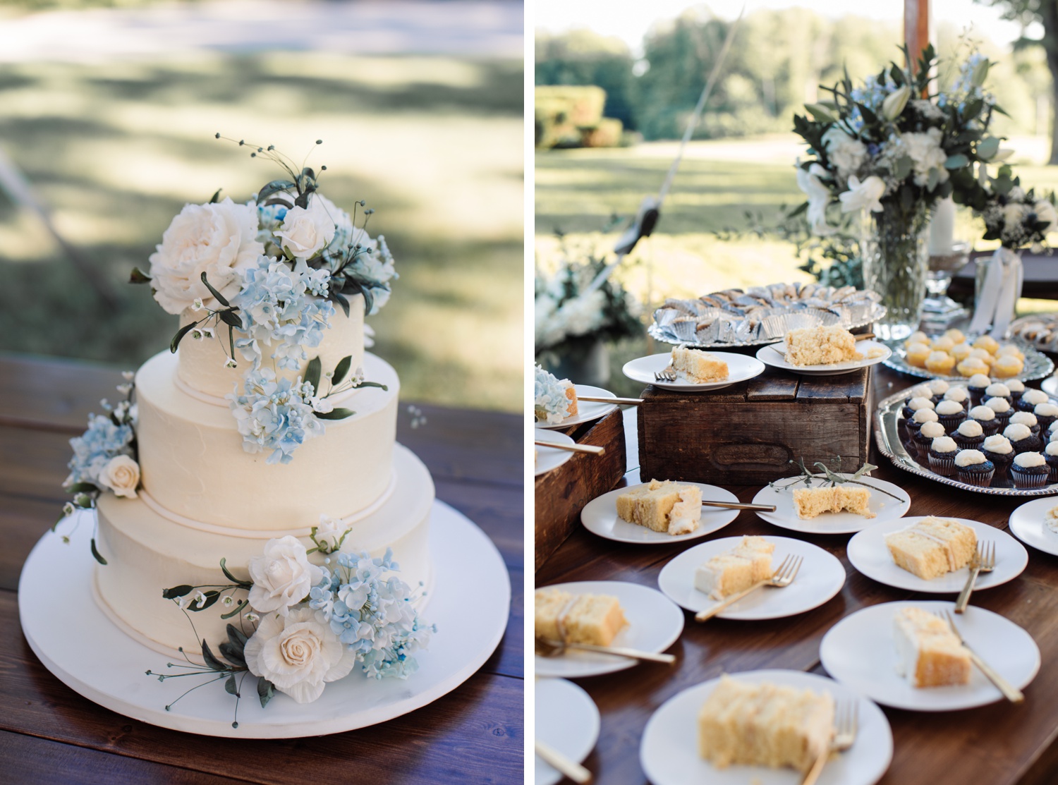 Summer wedding cake covered in white roses and blue hydrangeas