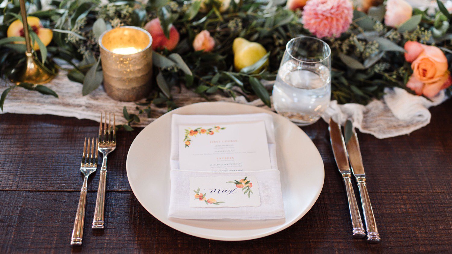 Place setting with hand painted place card and menu at summer wedding