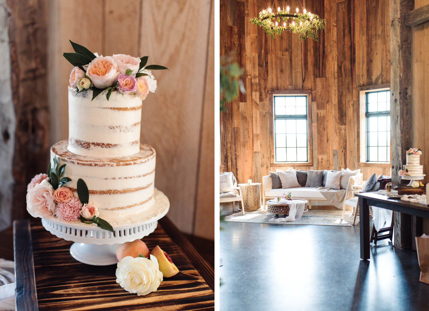 Maquam Barn interior lounge and naked wedding cake sweet simones