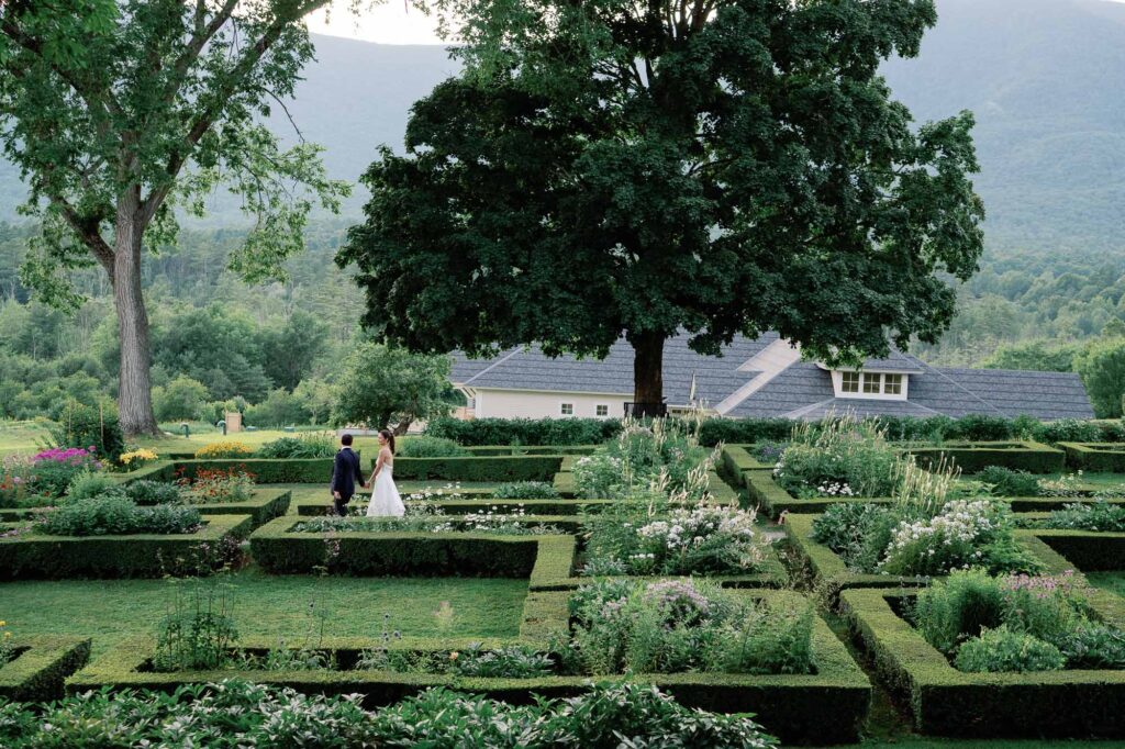 wedding couple dances in the formal gardens at hildene manchester vt wedding