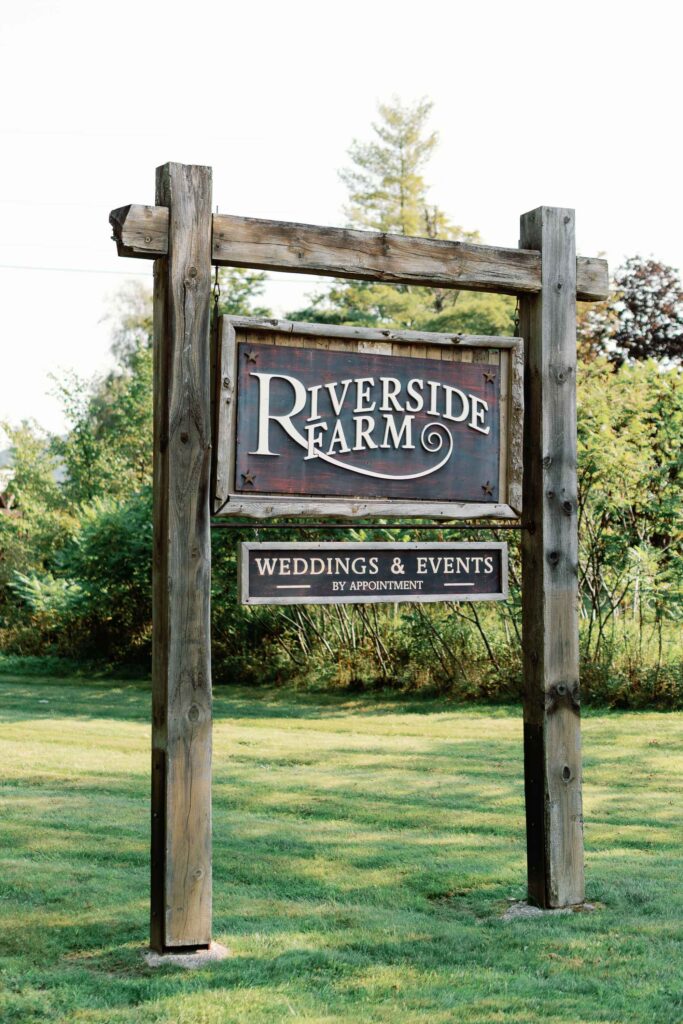 riverside farm vt wedding venue sign for entrance