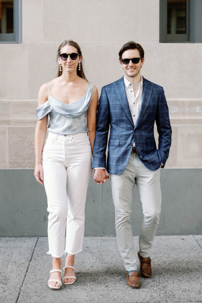 engagement session couple in chic and understated style in sunglasses in nyc west village