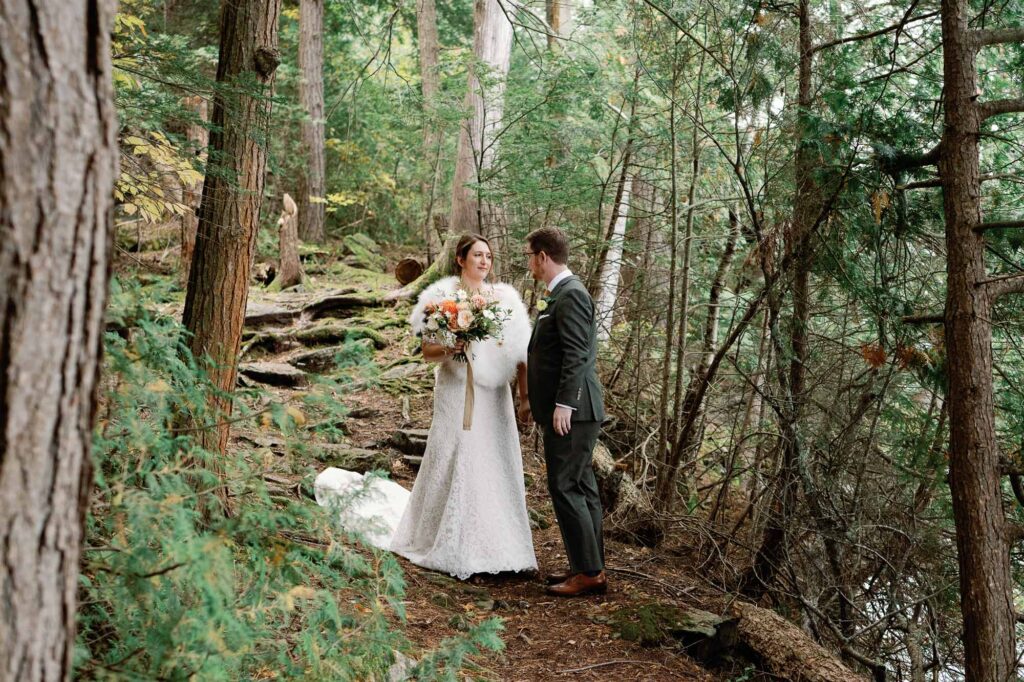 Basin harbor club wedding in Vermont portraits in woods