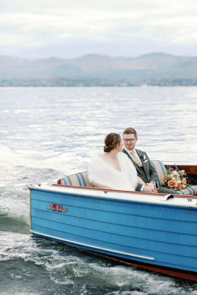 Basin harbor club wedding in Vermont boat ride portraits