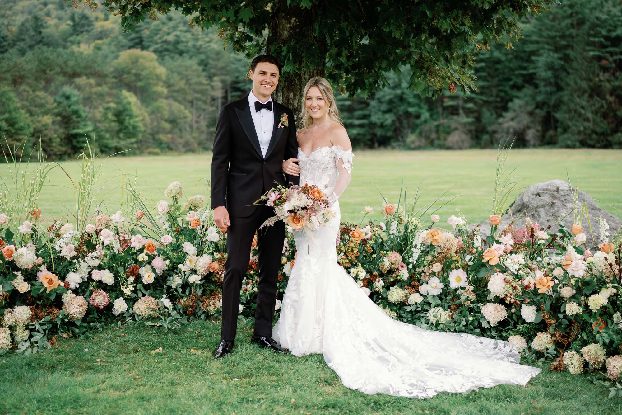 riverside farm vermont wedding in the fall with birds of a flower design
