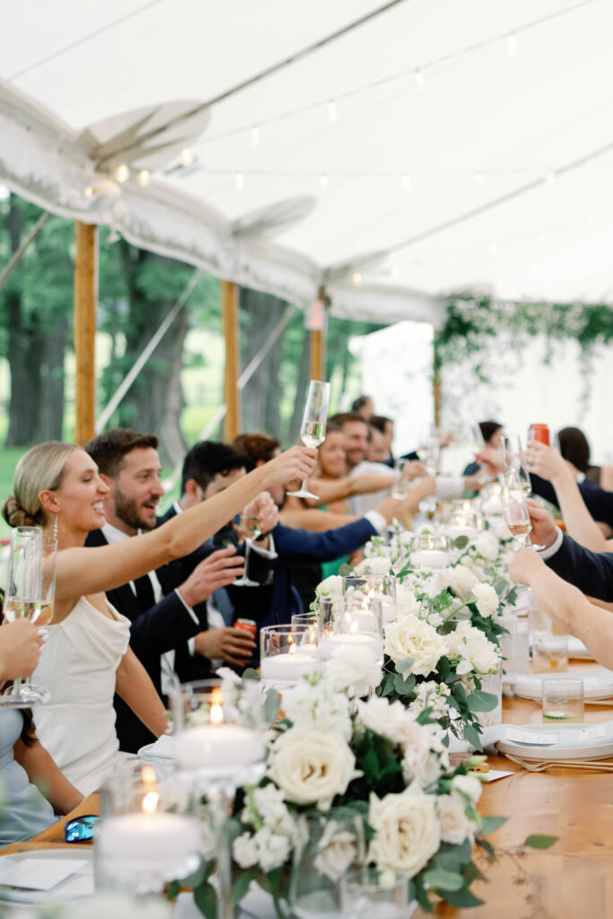 A black-tie Vermont wedding with a Nancy Meyers aesthetic at the historic Shelburne Museum Brick House reception tent